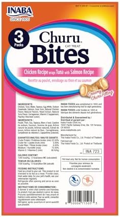 INABA Churu Bites for Cats, Soft/Chewy Baked Chicken Wrapped Churu Filled Cat Treats with Vitamin E, 0.35 Ounces per Tube, (3 Tubes per Pack), Tuna with Salmon Recipe, (Pack of 48)
