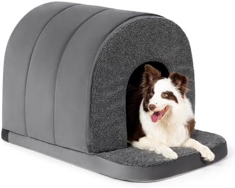 PELZIN Orthopedic Dog Bed with Cover Cave - Indoor Dog House with Porch