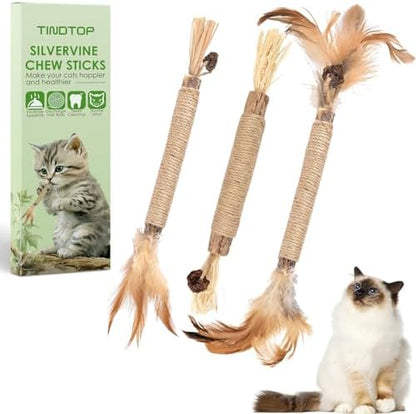 TINDTOP Silvervine Sticks for Cats with Natural Feather, Catnip Chew Toys