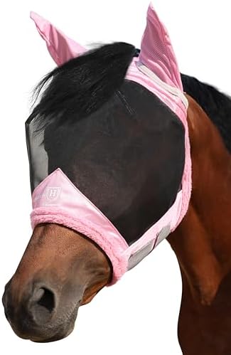 Harrison Howard Horse Fly Mask UV Protective Fine Mesh with Extra Wool Soft Touch on Skin Fly and UV Protection Light Pink-Black M