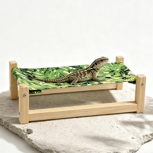 Bearded Dragon Bed, Wooden Reptile Hammock, Hanging Sleeping Lounger, Safe Natural Wood Resting Place for Lizard, Leopard Gecko, Snake, and Other Small Animals(Green, Medium)
