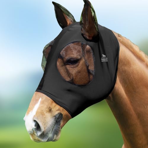 Harrison Howard Super Comfort Stretchy Fly Mask Large Eye Space with UV Protection Soft on Skin with Breathability Piano Black Extra-Full (Extra-Large)