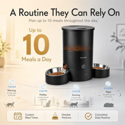 3L Cat Treat Dispenser with Dual Stainless Steel Cat Bowls - Quiet Automatic Cat Feeder for 2 Cats with App Control, 2 Way Audio, Dual Power Options, Self-Feeding Cat Food Dispenser - Black
