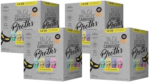Tiki Cat Born Carnivore Broths Variety Pack, Meaty Bites, Hydration and Flavor Supplement Wet Cat Food Topper, 1.3 oz. Pouch (Pack of 48)