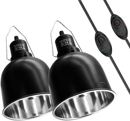 MECESOR Reptile Light Fixture with Dimming Switch and Timer, 5.5 Inch Deep Dome Reptile Heat Lamp Fixture, Reptile Lamp Fixture Cap for UVB Bulb Basking Heat Bulb for Reptile Glass Terrariums, 2PCS