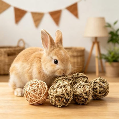 16 Pcs Bunny Chew Grass Balls,Natural Handmade Enrichment Toys for Teeth Grinding, Enrichment Treats for Rodents Rabbits Guinea Pigs Chinchillas Hamsters Mice, Rolling Chew Toys (2.4")