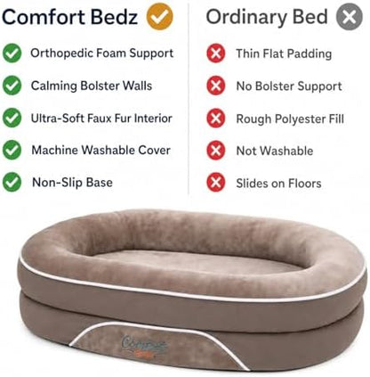 Orthopedic Dog Bed with Calming Bolster Sides, Faux Fur Interior, Non-Slip Base, Taupe and Beige, for Medium and Large Dogs