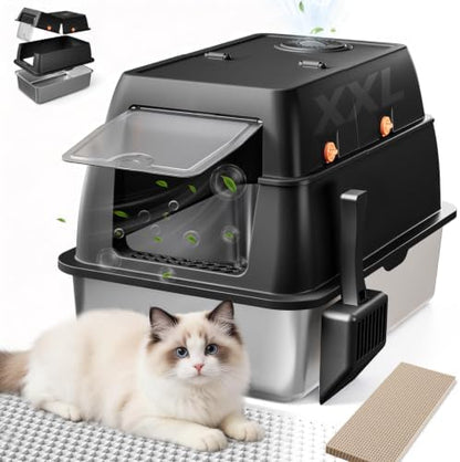 GTPLAYER XXL Stainless Steel Cat Litter Box with Lid, High Sided Enclosed Cat Litter Box, Activated Carbon Odor Control, Extra Large Metal Litter Box, Anti-Leak, with Mat & Scoop, Carbon Black