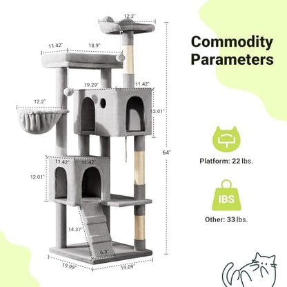 Allewie 64 Inches Multi-Level Cat Tree Tower for Indoor Cats, Grey