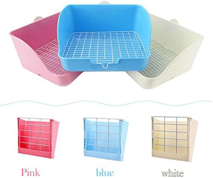 Rabbit Litter Box Bunny Potty Box Guinea Pig Hay Rack Feeder Rabbits Corner Litter Pan Potty Trainer Pet Toilet with Cleaning Set for Hamster, Guinea Pig, Ferret and Other Animals (Blue)