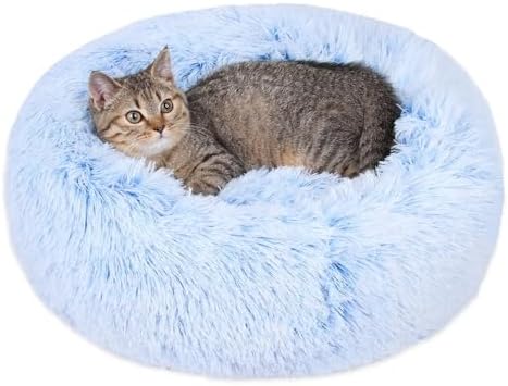Cat Beds for Indoor Cats - Cat Bed Washable 20/24 inches, Dog Beds for Small Medium Dogs, Anti Anxiety Round Fluffy Plush Faux Fur Cat Bed, Thick Bottom (Cornflower Blue, Medium)