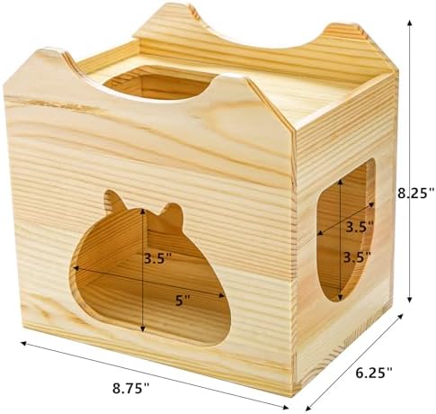 Yesland Wood Chinchilla House, Natural Small Animal Hideout Hut for Chinchilla, Squirrel, Sugar Gliders in Cage -Ventilated Wooden Hamster Habitat with Multiple Doors - 8.5 X 6 X 8 Inches