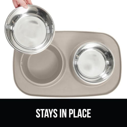GORILLA GRIP Dog Bowl Set with Feeding Mat, 304 Stainless Steel 3 Cup Beige