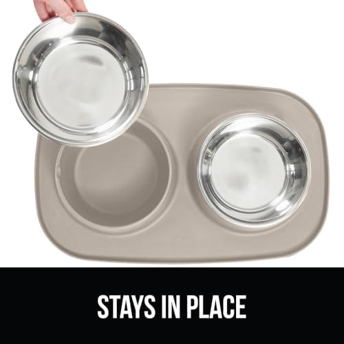 GORILLA GRIP Dog Bowl Set with Feeding Mat, 304 Stainless Steel 2 Cup Beige