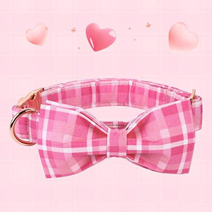 Lionheart glory Pink Plaid Dog Collar, Adjustable Dog Collar with Bowtie, Pet Gift Girl Collar for Dog Soft Bowtie Dog Collars for X-Large Dogs