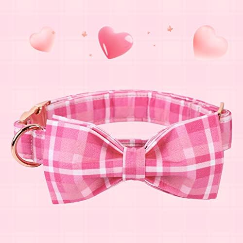 Lionheart glory Pink Plaid Dog Collar, Adjustable Dog Collar with Bowtie, Pet Gift Girl Collar for Dog Soft Bowtie Dog Collars for X-Large Dogs