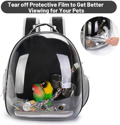 Bird Backpack Carrier, Travel Bird Cage for Small Medium Size Parrot Parakeet Budgies Cockatiel, Portable Clear Bubble Window Bag with Stainless Steel Tray Food Bowl Standing Perch (Black)