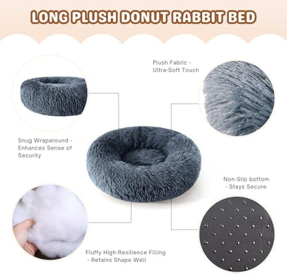Rabbit Bed, Long Plush Donut Shaped Washable Bunny Hideout Soft Pet Bedding Mat for Guinea Pig, Kitten, Chihuahua & Small Pets for Snuggling Resting - Gray