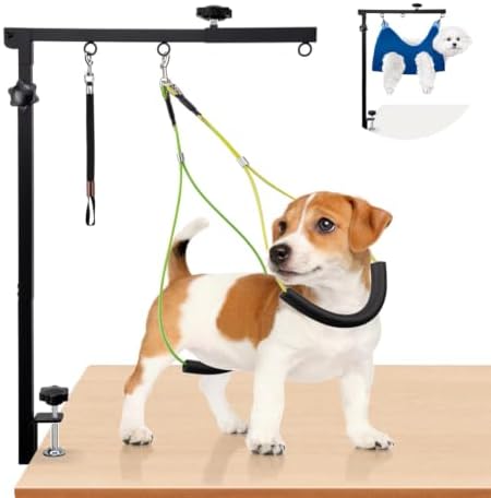 Extendable Dog Grooming Table Arm, with Hammock & No-Sit Holder, Adjustable Height 27"-42", Adjustable Widht 20"-23", Pet Grooming Kit for Small Medium Dogs at Home or Salon