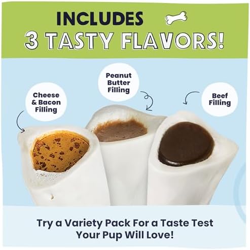 Pawstruck Large 5"-6” Filled Dog Bones Variety Pack - Peanut Butter, Cheese & Bacon, Beef Flavors - Made in USA, Long Lasting Stuffed Femur Treat for Aggressive Chewers (Count of 6)