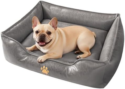 SOMAHE Waterproof Leather Dog Bed, Bolster Couch, 24x19x9 Grey