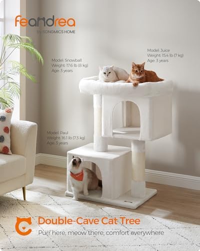 Feandrea Cat Tree, 40.6-Inch Tall Cat Tower, Cute Plush Condo, Cream White