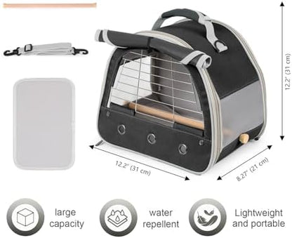 Bird Travel Carrier Cage, with Stainless Steel Metal Window and Wood Perch, Portable Bag for Cockatiel Parakeet Conure Green Cheek Budgie (Black, Steel Window)