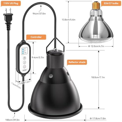 Reptile Light Fixture,7inch Deep Dome Reptile Light Fixture with 3/6/12 Timer, Infrared Reptile Heat Lamp Max 150W Blub, for Turtle Bearded Dragon Lizards Snake（1PCS 150W Bulb Included）