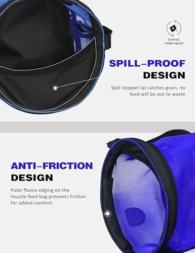 Harrison Howard Horse Muzzle Feed Bag Nylon Mesh Grain Feed Bag with Padded Neck Strap Adjustable Belt Dark Blue Medium