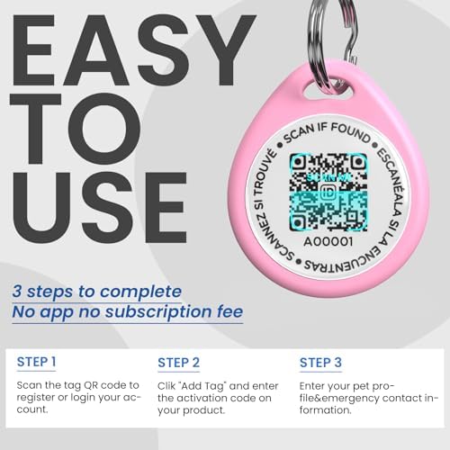 QR Code Cat Tags Personalized Small, Real-time Alerts, Pink