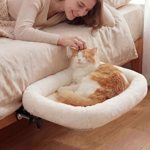 Lewtemi Bedside Pet Bed, Hanging Cat Hammock Attached to Bed or Desk, Cream