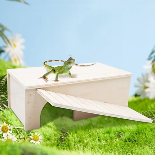 Oooct Bearded Dragon Hide Cave, Wooden Lizard Hideout with Climbing Ramp, Reptile Habitat with Basking Platform, Tank Accessories for Bearded Dragon Lizard Chameleon Hamster 12.9 × 11 × 4.7 Inch