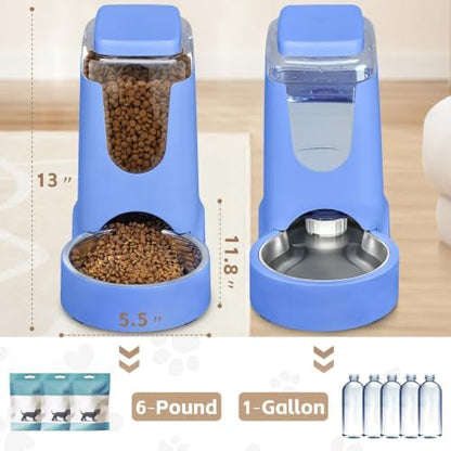 HWONMTE Portable Automatic Cat Feeder and Water Dispenser with Stainless Steel Bowl Dog Gravity Food Feeder and Waterer for Small Medium Pets Puppy Kitten 1 Gallon x 2 (Sapphire Blue)