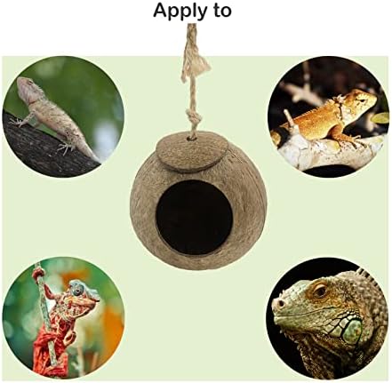 Crested Gecko Coconut Hut,Leopard Gecko Natural Coco Shell Den Reptiles Habitat Durable Hanging Cave Hideouts Plants Climbing Decoration for Amphibians and Small Animals(4 Pcs)