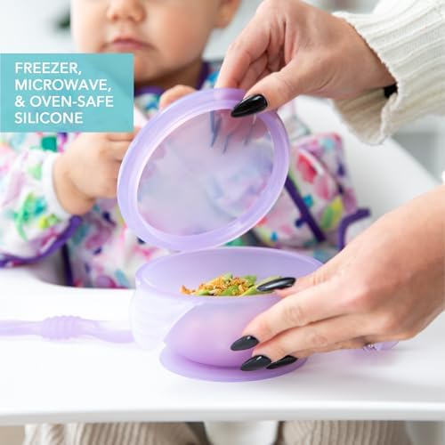 Bumkins Feeding Set with Suction, Includes Spoon and Lid, Training Essentials for Baby-Led Weaning, Toddler Self-Feeding, Babies Eating at 4 Mos Up, Purple Jelly