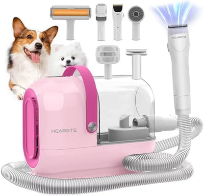 HEAPETS Dog Grooming Vacuum Kit - 3L Vacuum with 7 Tools, Low Noise Electric Clipper and Brush for Pet Shedding at Home, Pink
