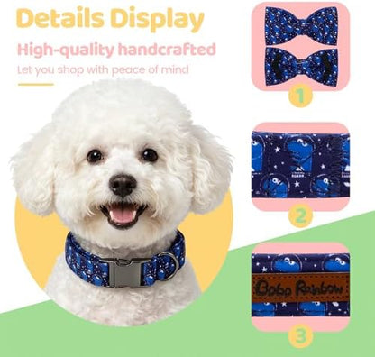 Dog Collars, Summer Blue Dinosaur Pet Collar Adjustable Cotton Boy Dog Collar with Bow Metal Buckle Bowtie Collars for X-Small Dogs