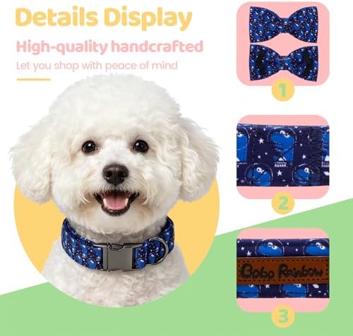 Dog Collars, Summer Blue Dinosaur Pet Collar Adjustable Cotton Boy Dog Collar with Bow Metal Buckle Bowtie Collars for X-Small Dogs