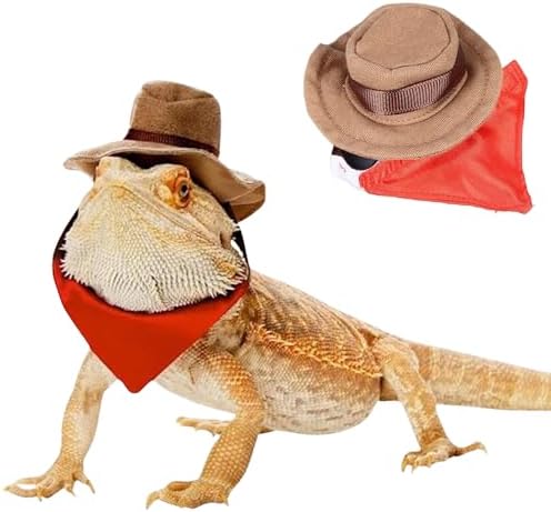 Bearded Dragon Cowboy Costume - Adjustable Lizard Cowboy Hat and Bandana Scarf Reptile Halloween Costume Photo Props for Gecko Chameleon Amphibians Ferret Hamster (Brown)