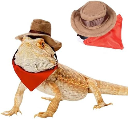 Bearded Dragon Cowboy Costume - Adjustable Lizard Cowboy Hat and Bandana Scarf Reptile Halloween Costume Photo Props for Gecko Chameleon Amphibians Ferret Hamster (Brown)