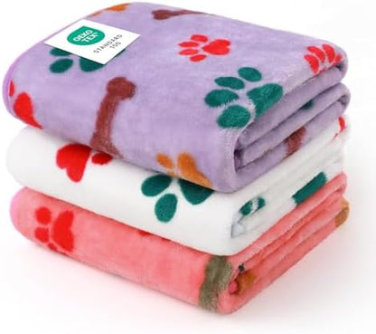Luciphia 1 Pack 3 Blankets Fluffy Premium Fleece Pet Blanket Flannel Paw Bone Printed Throw for Dog Cat(Small 23x16'', Purple/Pink/White)