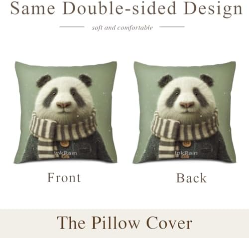 InkRain Winter Animal Cute Panda Pillow Cover 16x16 Inch Set of 2 Home Decor Decorative Cotton Linen Illustration Pillowcases for Living Room House Sofa