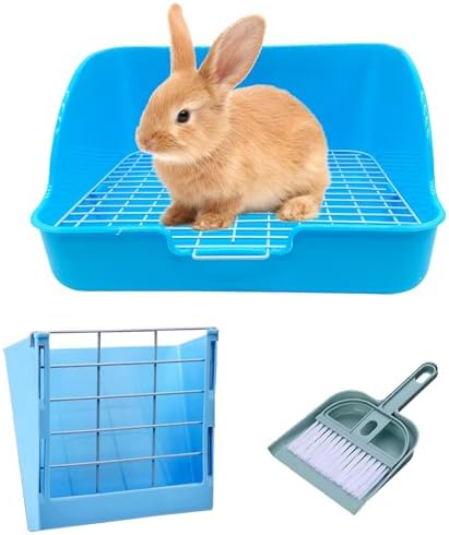 Rabbit Litter Box Bunny Potty Box Guinea Pig Hay Rack Feeder Rabbits Corner Litter Pan Potty Trainer Pet Toilet with Cleaning Set for Hamster, Guinea Pig, Ferret and Other Animals (Blue)
