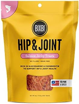 BIXBI Hip & Joint Support Salmon Jerky Dog Treats, 4 oz - USA Made Grain Free Dog Treats - Glucosamine, Chondroitin for Dogs - High in Protein, Antioxidant Rich, Whole Food Nutrition, No Fillers