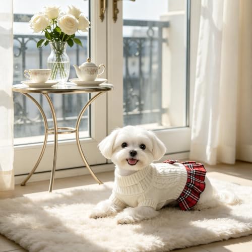 YUDODO Small Dog Sweater Dress with Bowtie Turtleneck - Knitted Pet Clothes