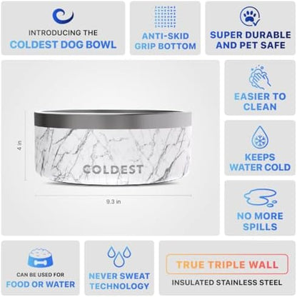 Coldest Dog Bowl - Anti Rust Metal, Non Slip, 3 Layers Insulated Stainless Steel Dog Bowls - Spill Proof & Heavy Duty - Water Bowl for Dogs, Cats & Pets, Dish Washer Safe (100 oz, Carrara Marble)