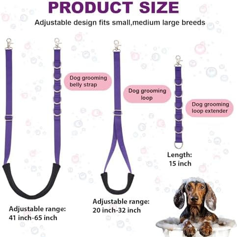 Dog Grooming Belly Strap - 3PCS Grooming Restraint Set Adjustable Belly Band Loops Strap with Padded Support & Loop Extension Straps Pet Grooming Harness Kit for Dogs (Voilet)