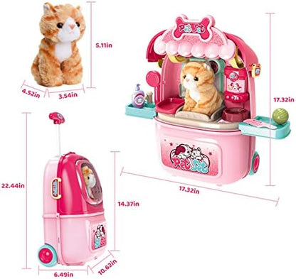 MAGIC4U Pet Cat Care Carrier Suitcase Toy, 29PCS Vet Clinic and Doctor Kit for Kids, Pet Kitty Grooming Feeding Toys, Veterinarian Pretend Play Set, Gifts for Boys and Girls Ages 3-12