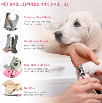 Dog Brush & Grooming Kit – 9-Piece Pet Brush & Deshedding Set for Shedding, Bathing, Trimming & Nail Care | Grooming Tools for Dogs & Cats, Includes Comb, Nail Clipper, Scissors, Slicker Brush (Pink)
