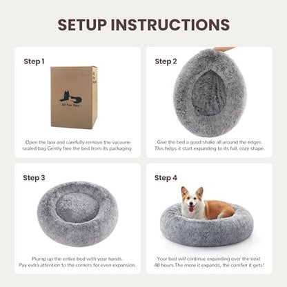 Donut Dog Bed Medium Size Dog, Round Cat Beds for Small Medium Dogs and Cats with Washable Fluffy Faux Fur, Cute Comfort Pet Bed with Anti-Slip Bottom, Grey, 24"